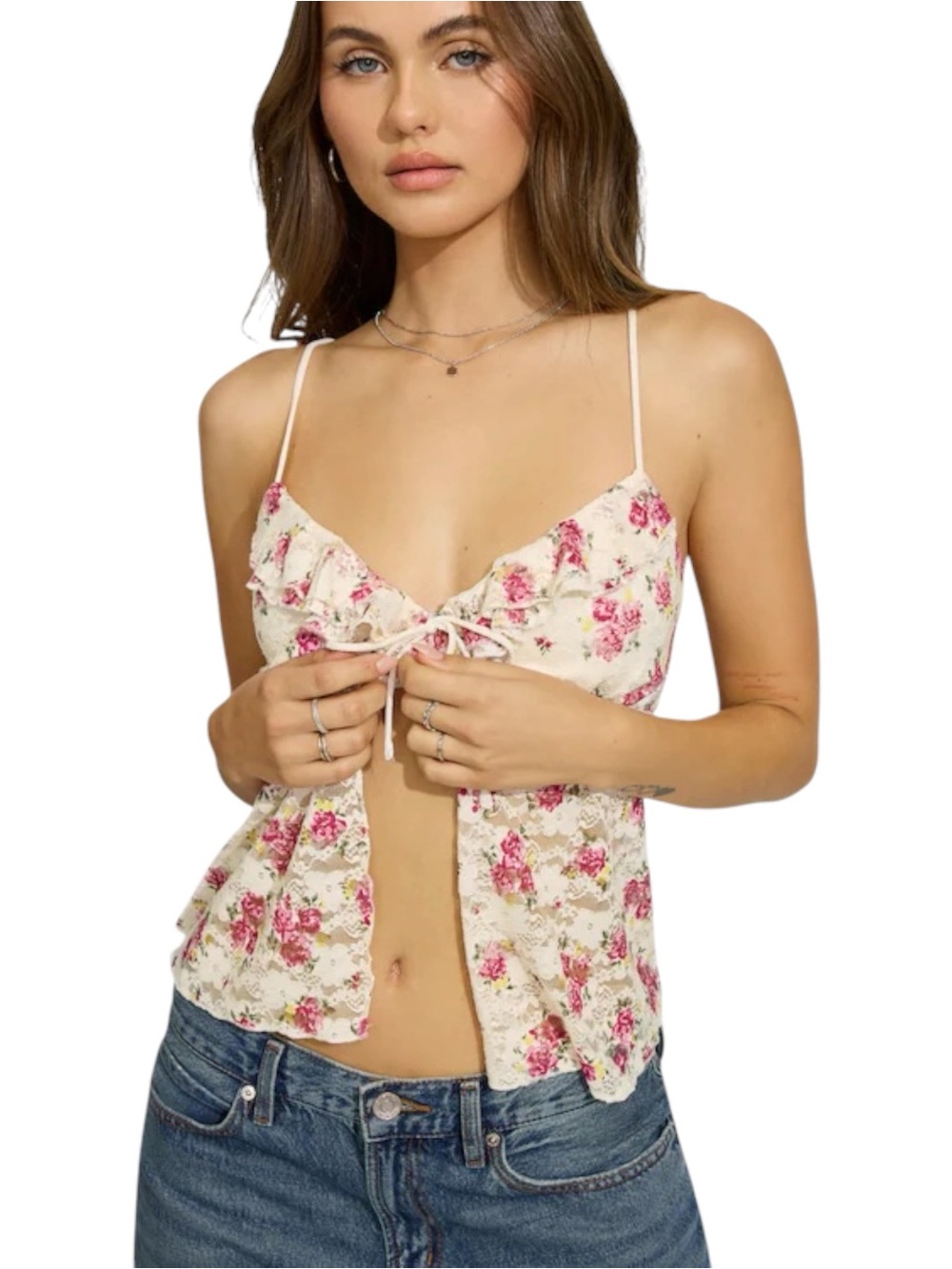 NWT Garage Cream/Pink Floral Lace Flyaway Cami Top (S)
